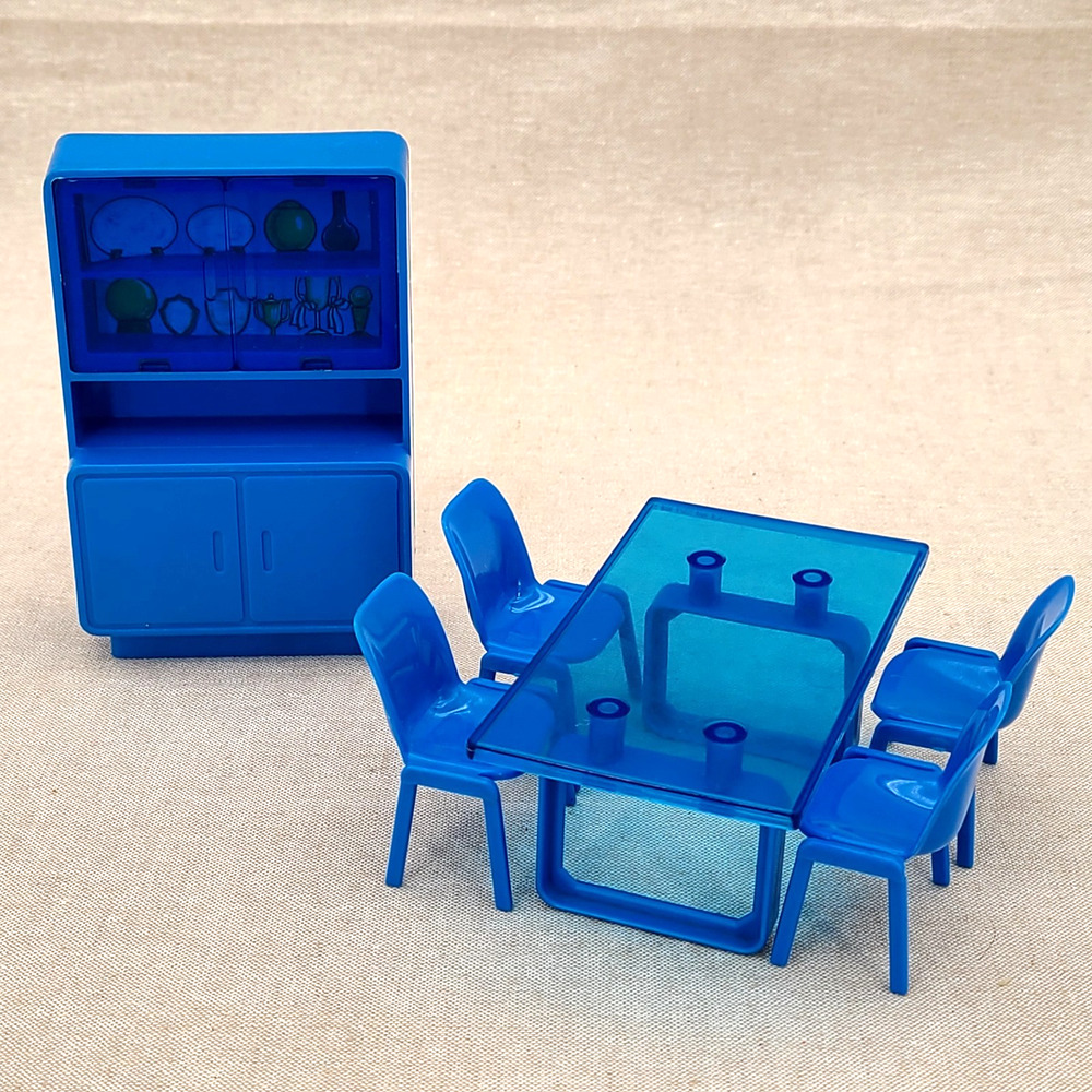 Vintage ARCO Doll Furniture Set Blue Table with 4 Chairs And Cabinet